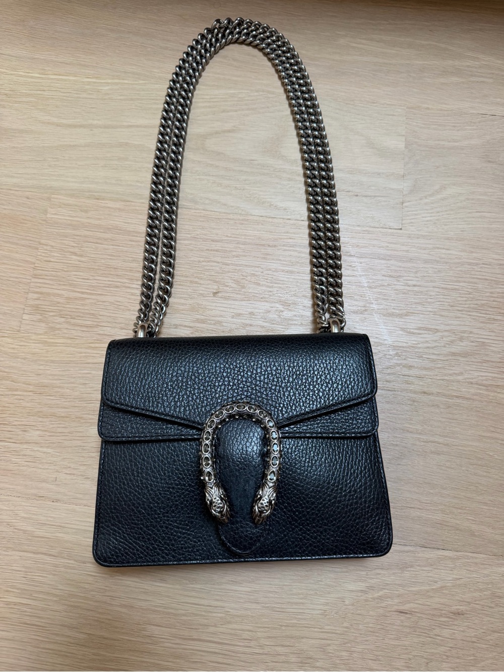 Gucci Dionysus Black Leather Shoulder Bag with Silver Chain and Horsebit Detail